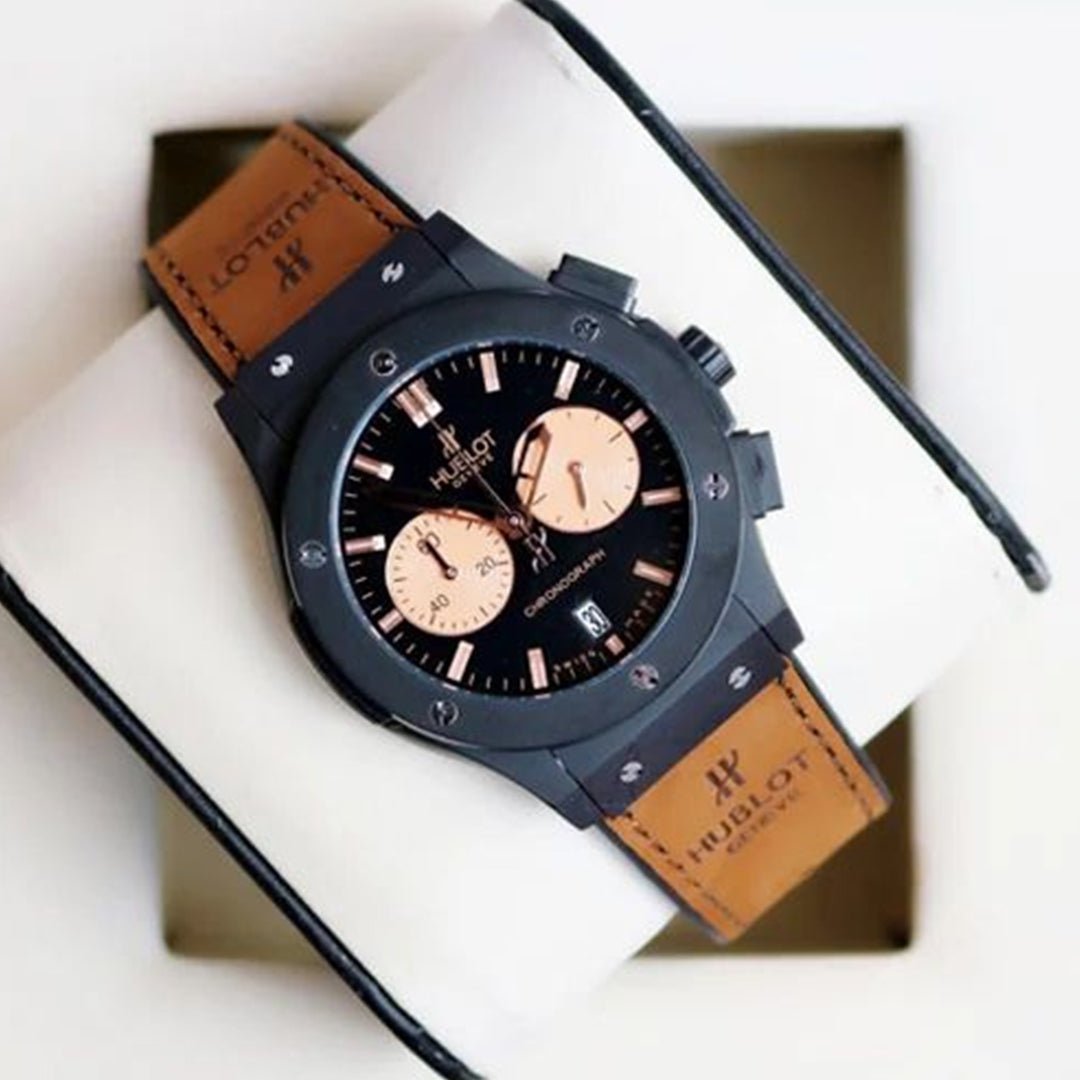Hublot Brown Black Dial Leather Belt Watch - View 2